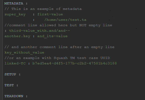 Squash Test Metadata section